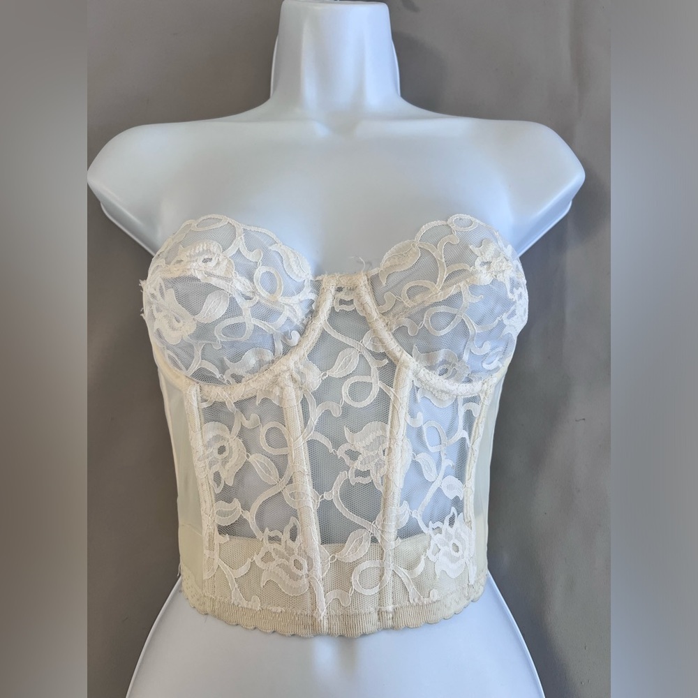 Vintage~Victoria's Secret~White Lace Bustier Corset~Underwire Bra~34B~Union Made